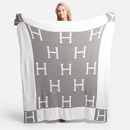 Faux Hermes Initial Monogram Patterned Reversible Throw Blanket: Gray