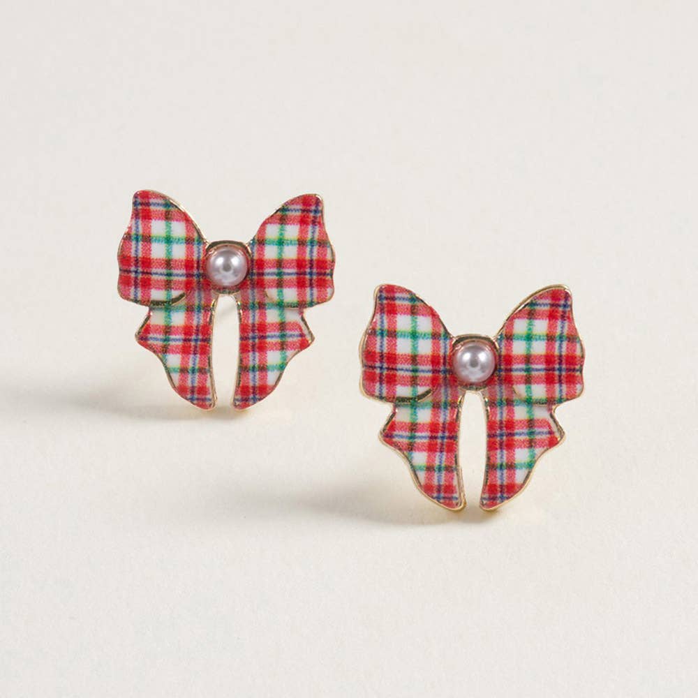 Pearl Accent Holiday Plaid Bow Stud Earrings: Green,Red