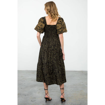 Olive Puff Sleeve Cheetah Print Midi Dress with Tiers: OLIVE