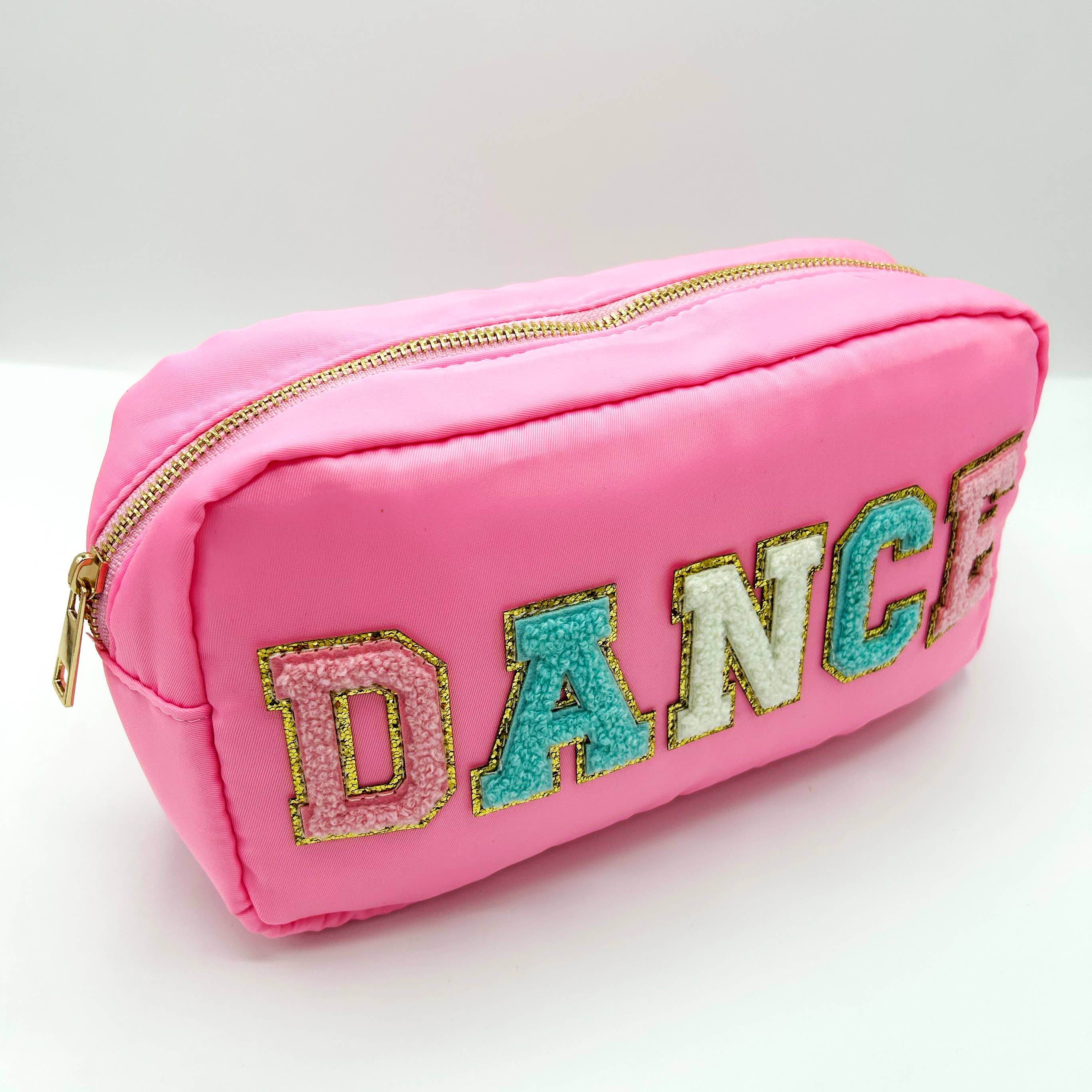 Cosmetic or Toiletry Bag with Varsity Letter Patches: Dark Pink with STUFF