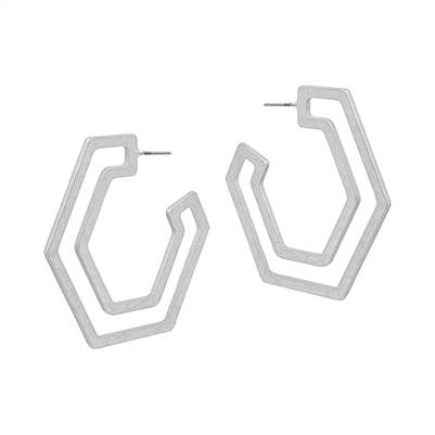 Silver Hammered Open Hexagon 2&quot; Hoop Earring