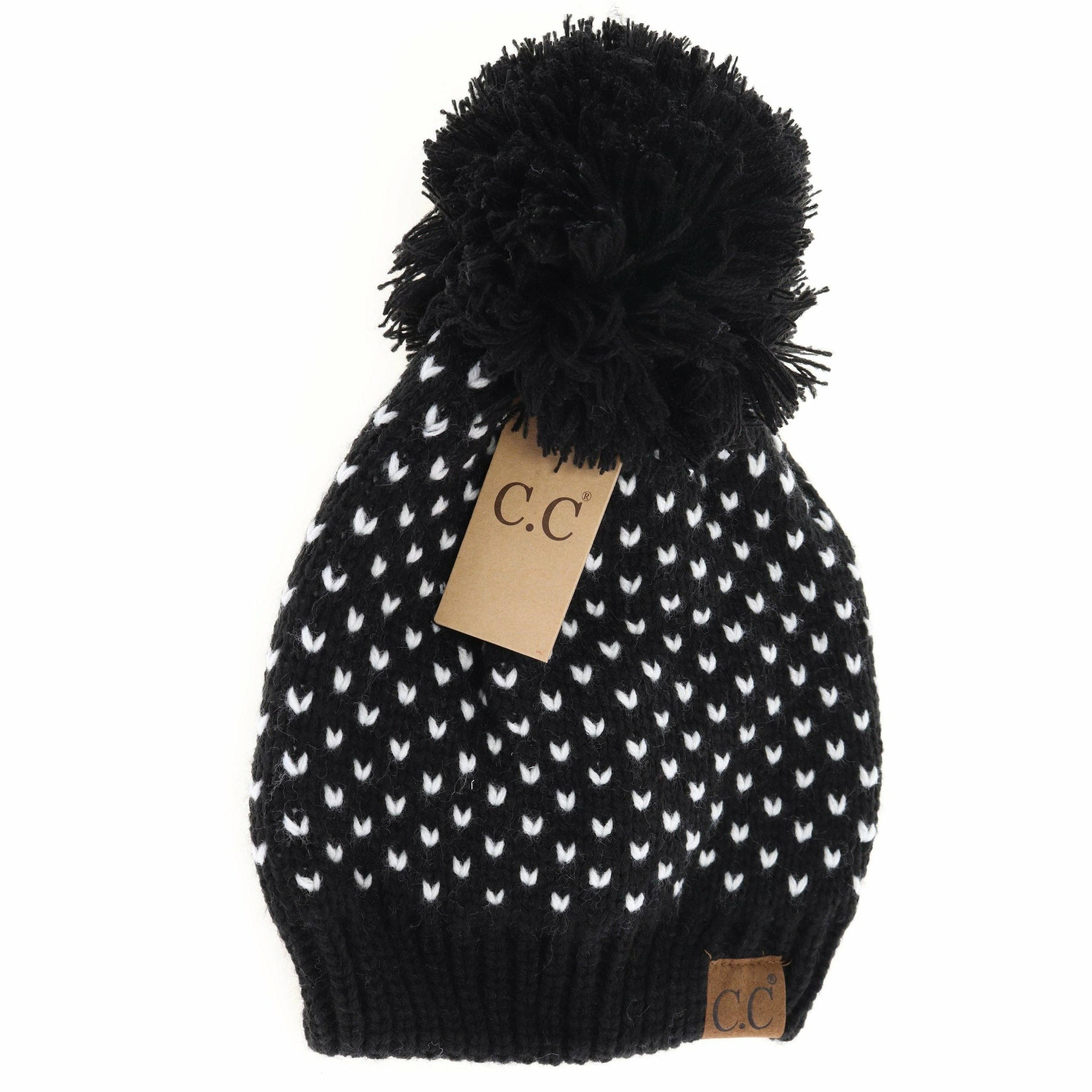 Heart Knit Pom Beanie HAT2088: Lt. Grey/Ivory