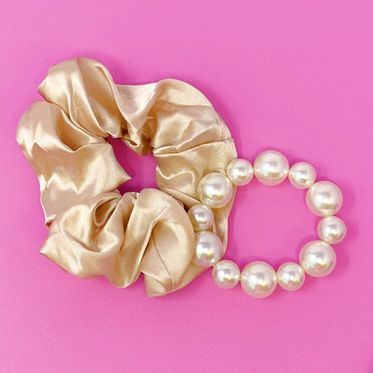 Pearl &amp; Satin Scrunchie Set: Jeweled Pink