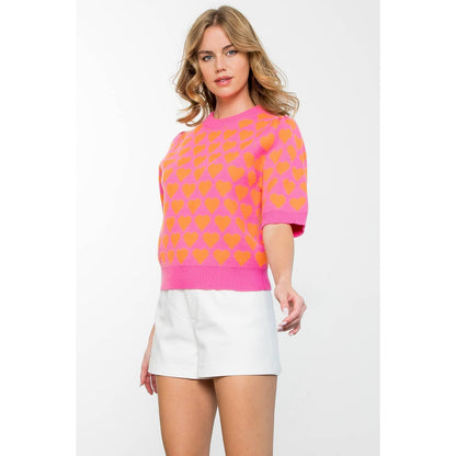 THML Short Sleeve Heart Knit Top: PINK / SMALL