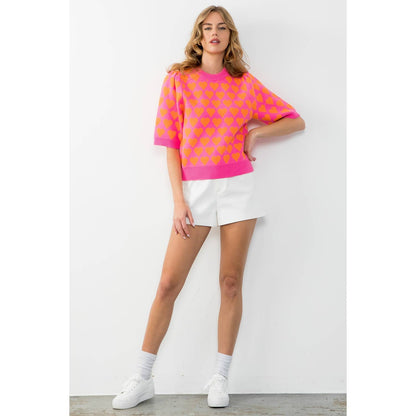 Short Sleeve Heart Knit Top: PINK / Medium
