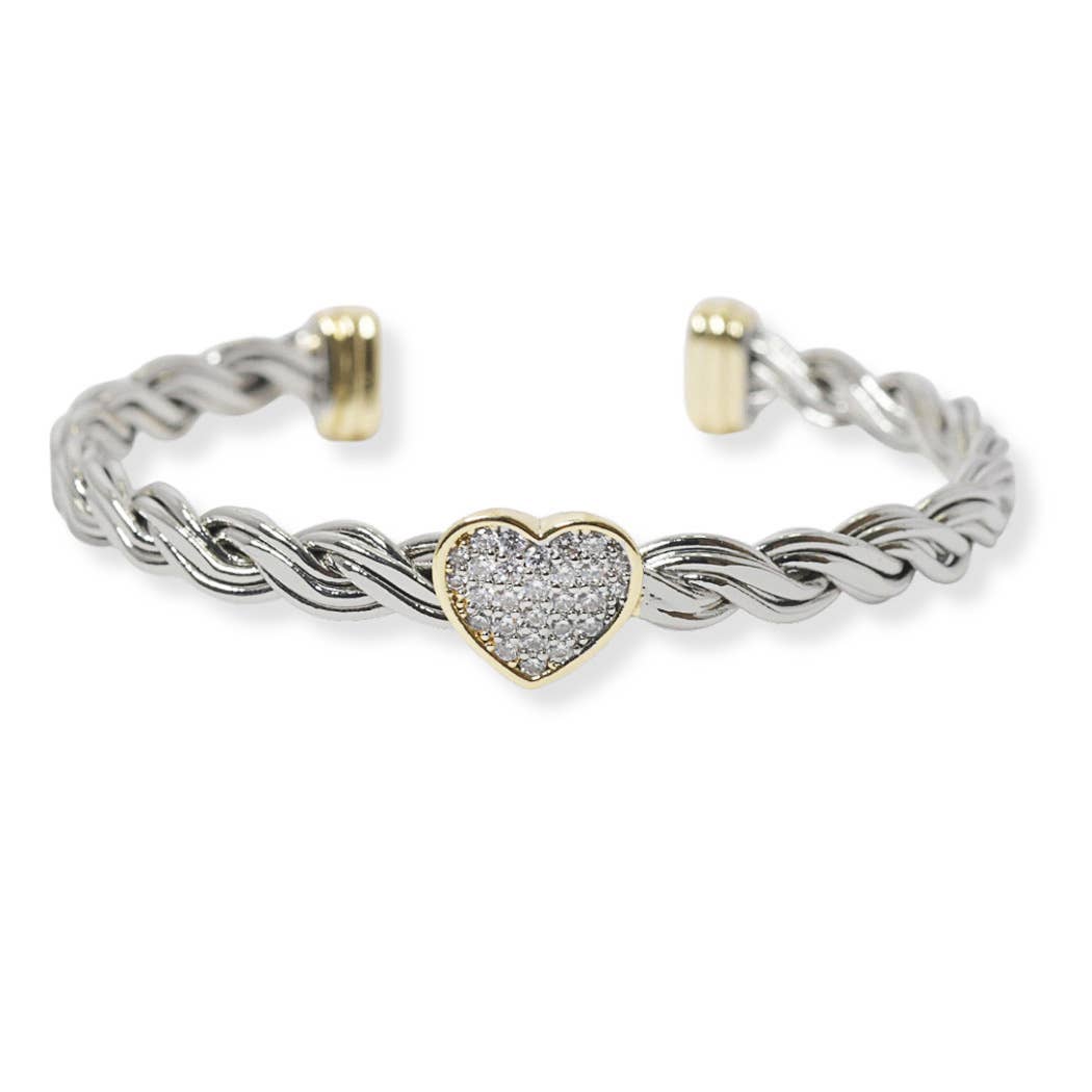Pave heart designer inspired cable cuff bracelet: Gold / ONE SIZE