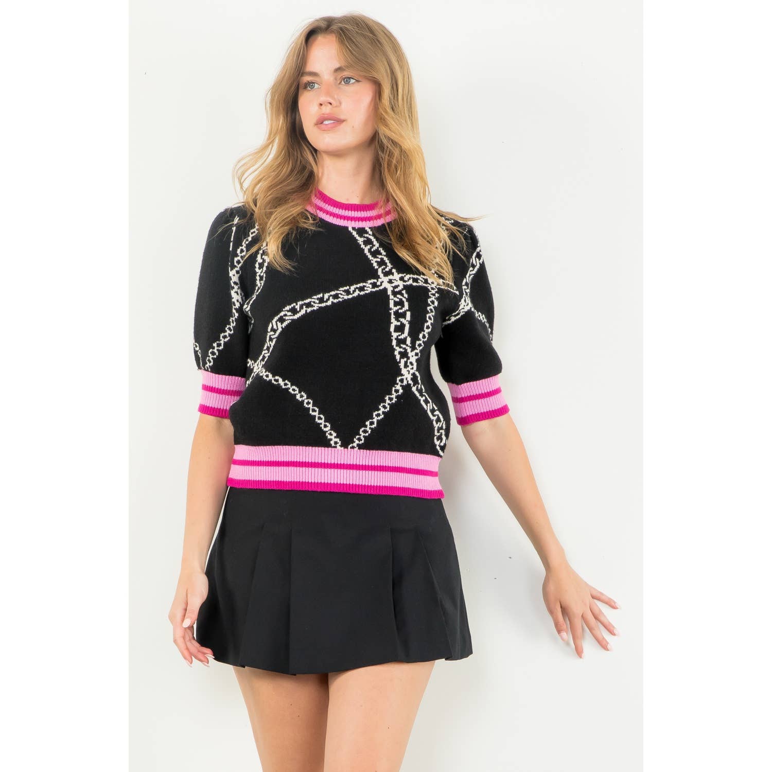 THML Short Sleeve Knit Top: BLACK WITH PINK TRIM / XS