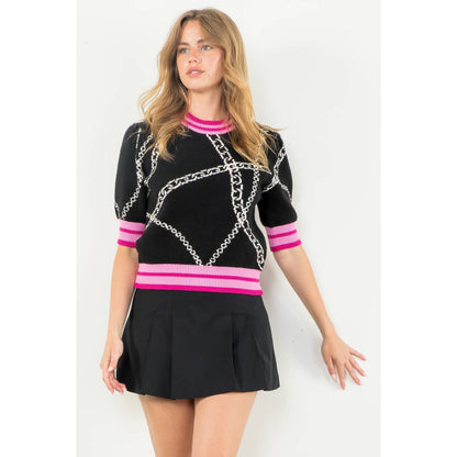 THML Short Sleeve Knit Top: BLACK WITH PINK TRIM / XS