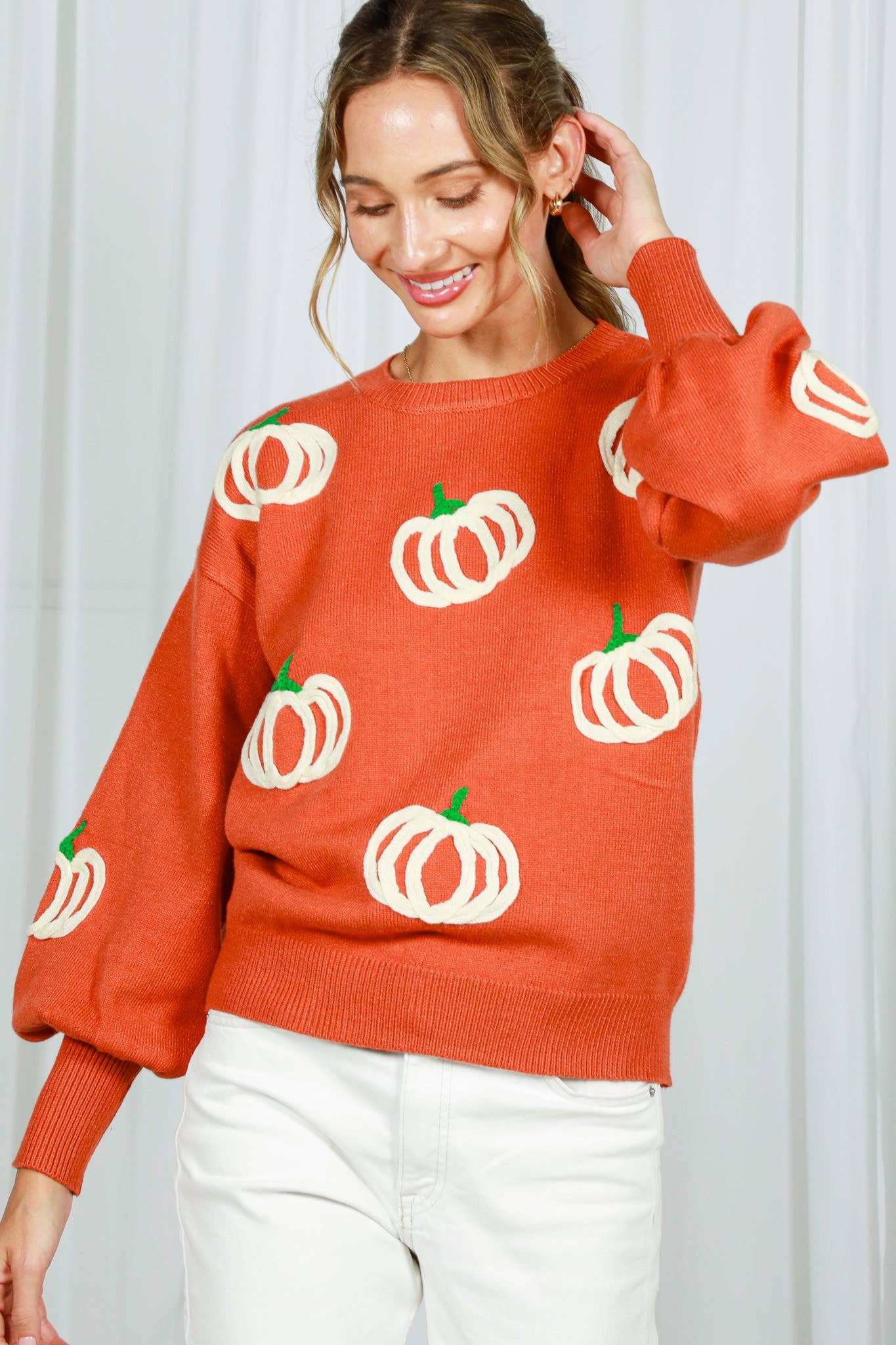 Pumpkin Embroidered Crew Neck Knitted Sweater Top VT82559: Pumpkin / L