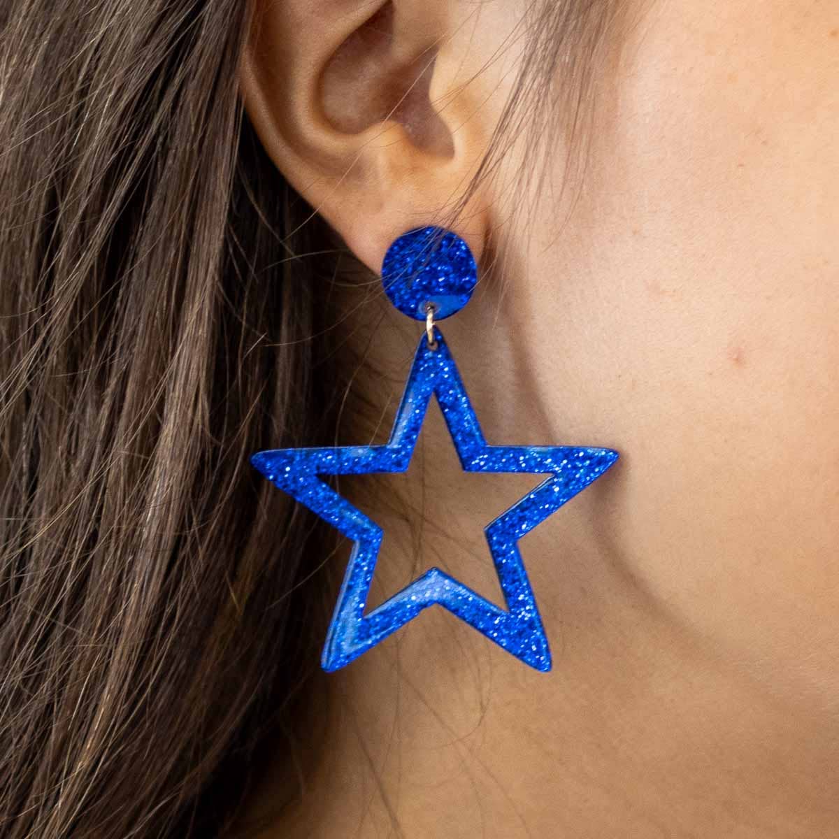 Star Acetate Earrings   Blue/White   2&quot;