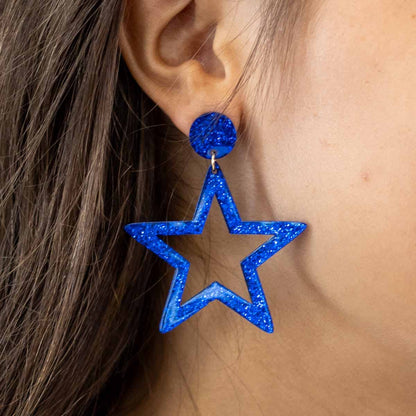 Star Acetate Earrings   Blue/White   2&quot;