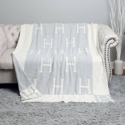 H Initial Monogram Patterned Reversible Throw Blanket: Black faux Hermes