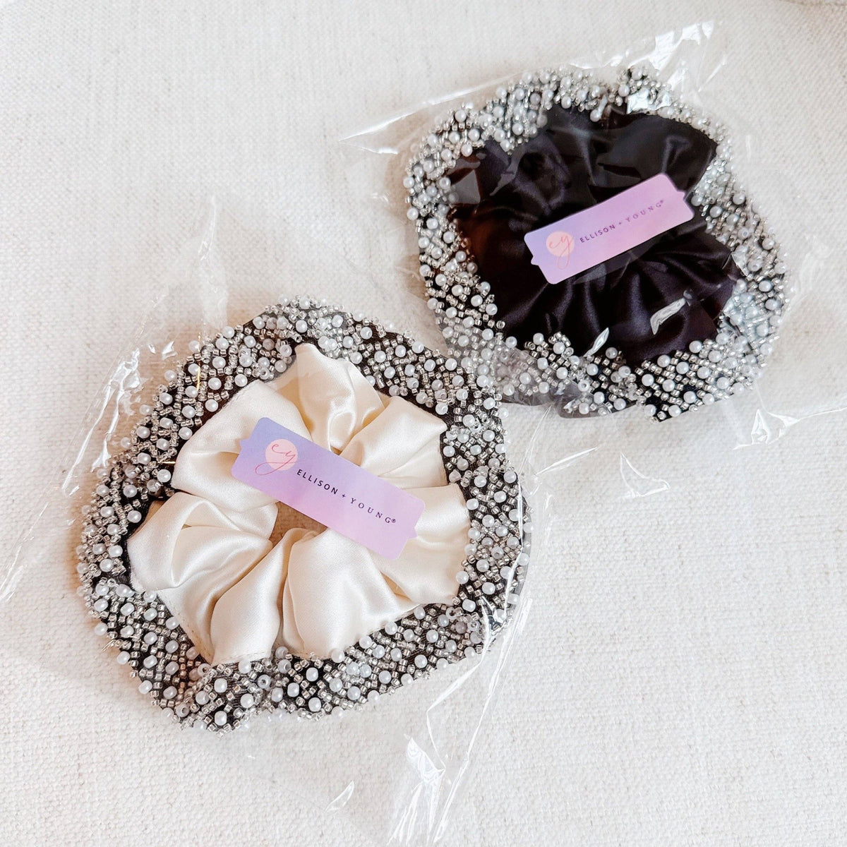 Pearls And Beads Satin Hair Scrunch: Black