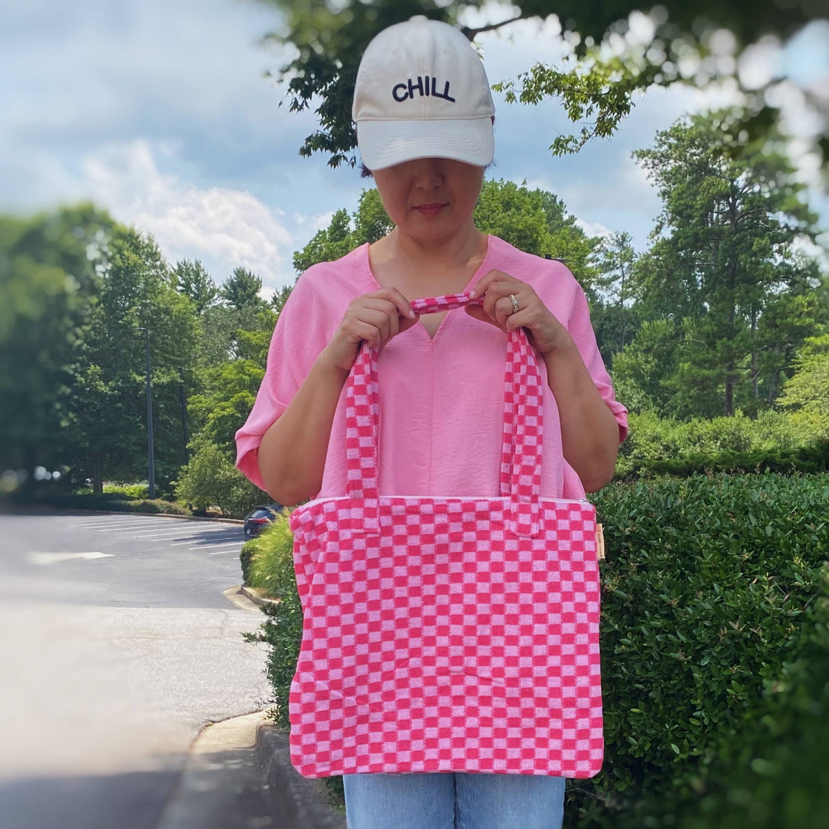 Check Yourself Zipped Tote Bag: Pink