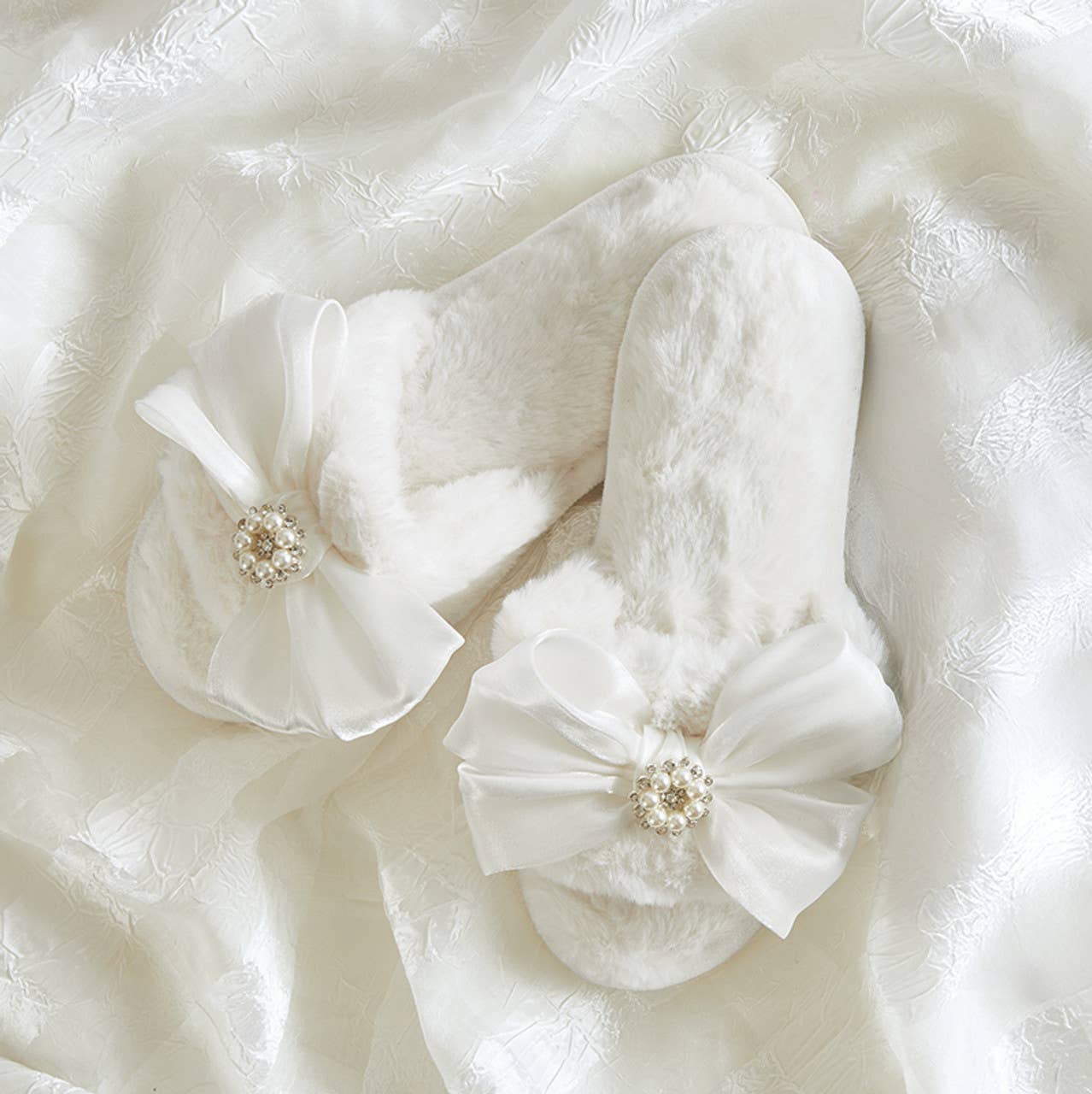 Bella Bridal Plush Slippers - White Crystal Bow: Base Material: 100% Polyester