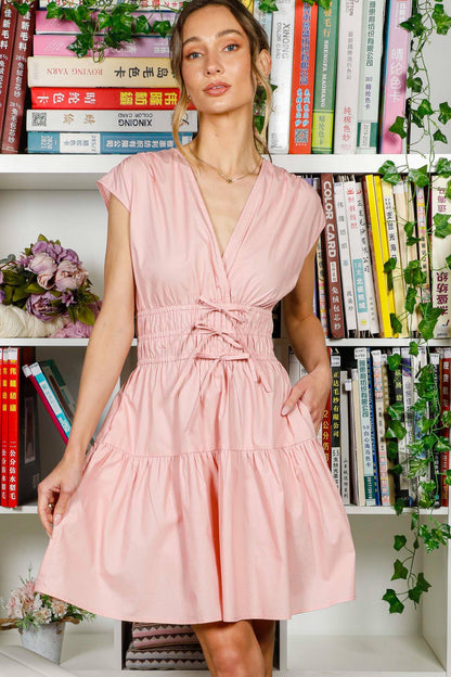 Elasticized Waist Tie Detail100% Cotton Dress VD82520A: Navy / M