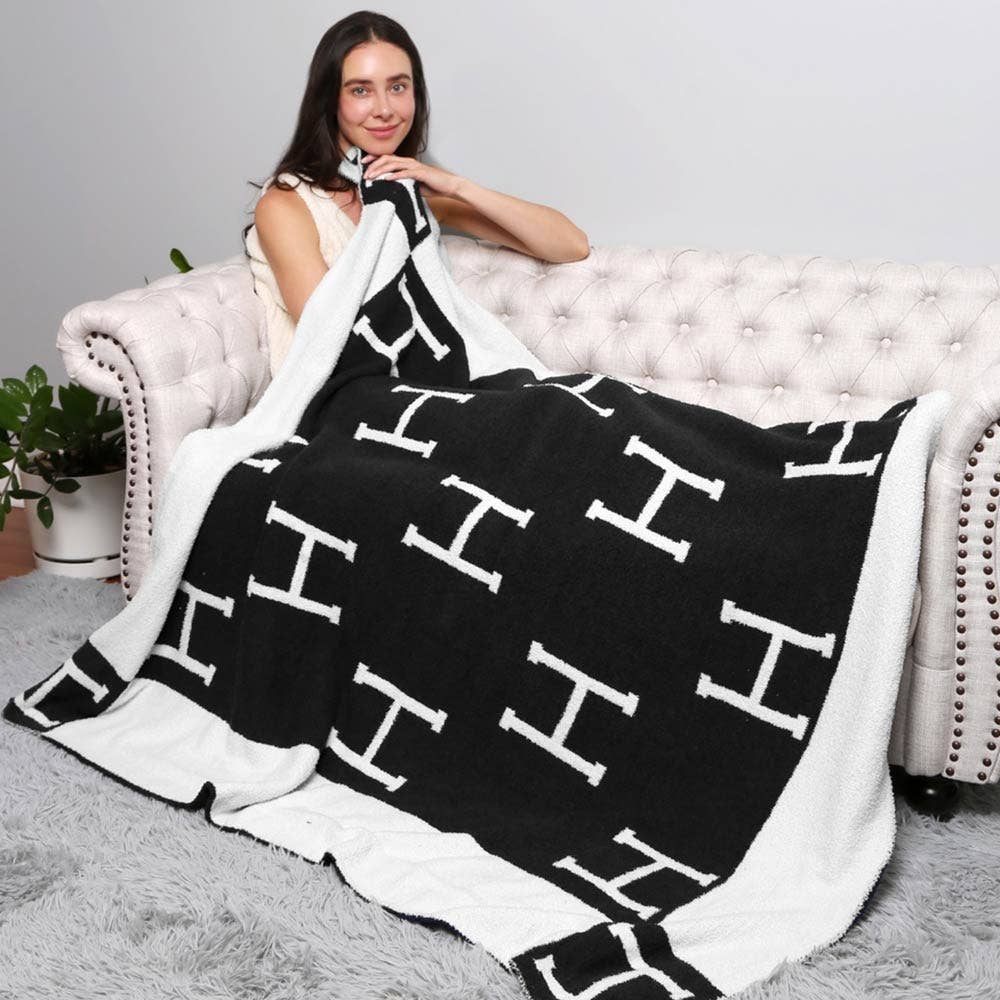 H Initial Monogram Patterned Reversible Throw Blanket: Black faux Hermes