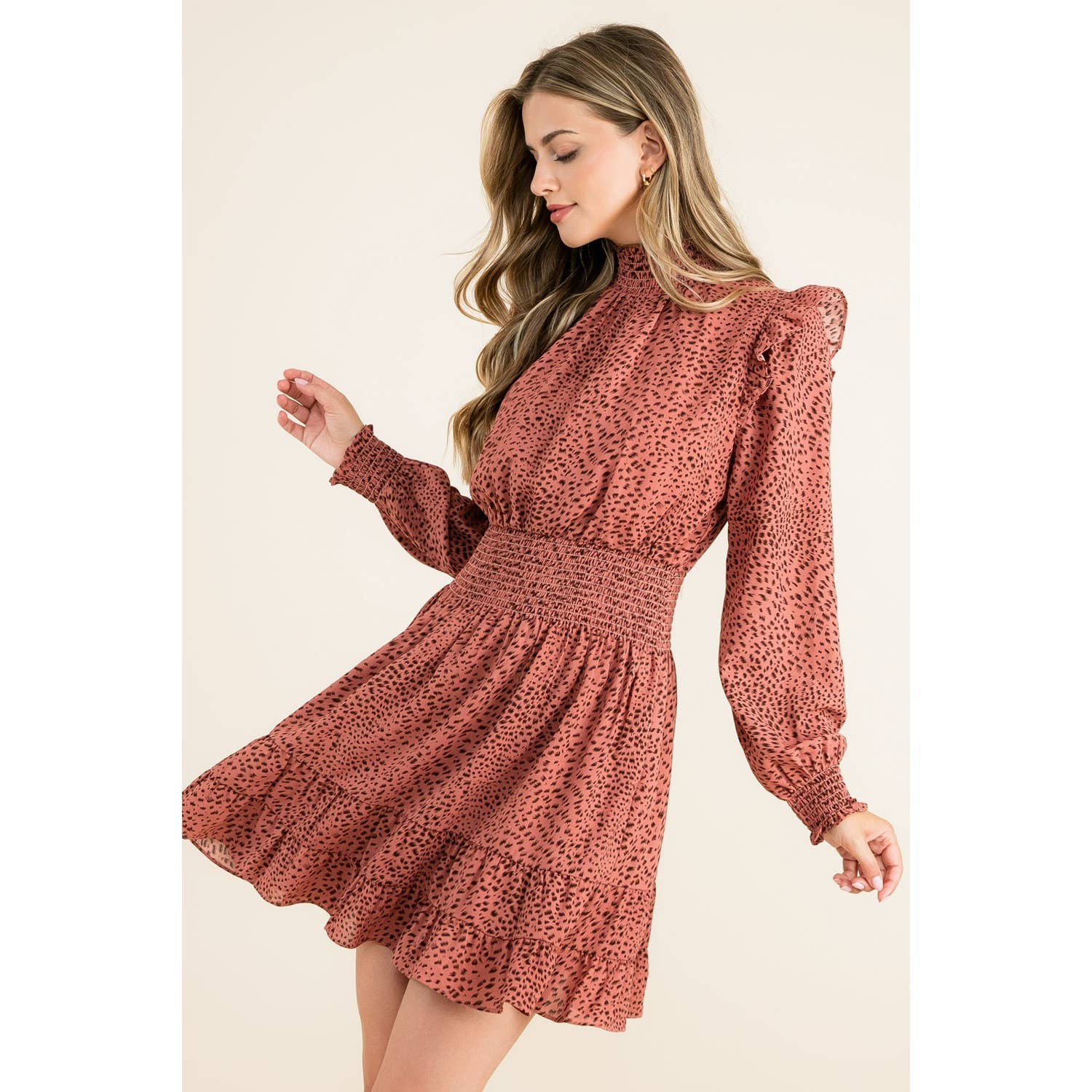 Smock Neck Ruffle Dress: MAUVE / L