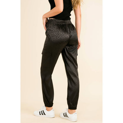 THML Black Cheetah Print Jogger Pants with Side Pockets: BLACK