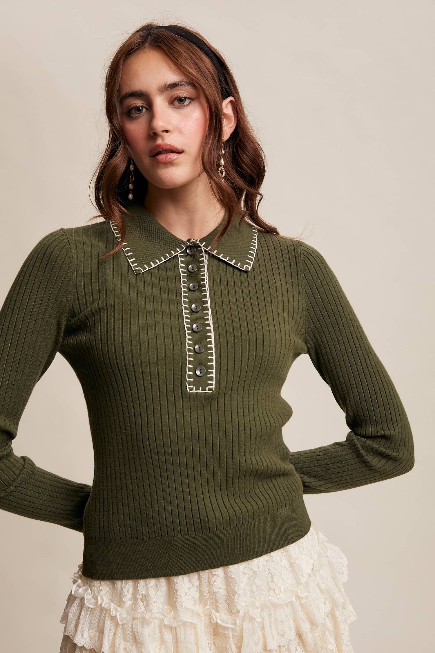 Contrast Stitch Ribbed Knit Top LSW0998: Black / M