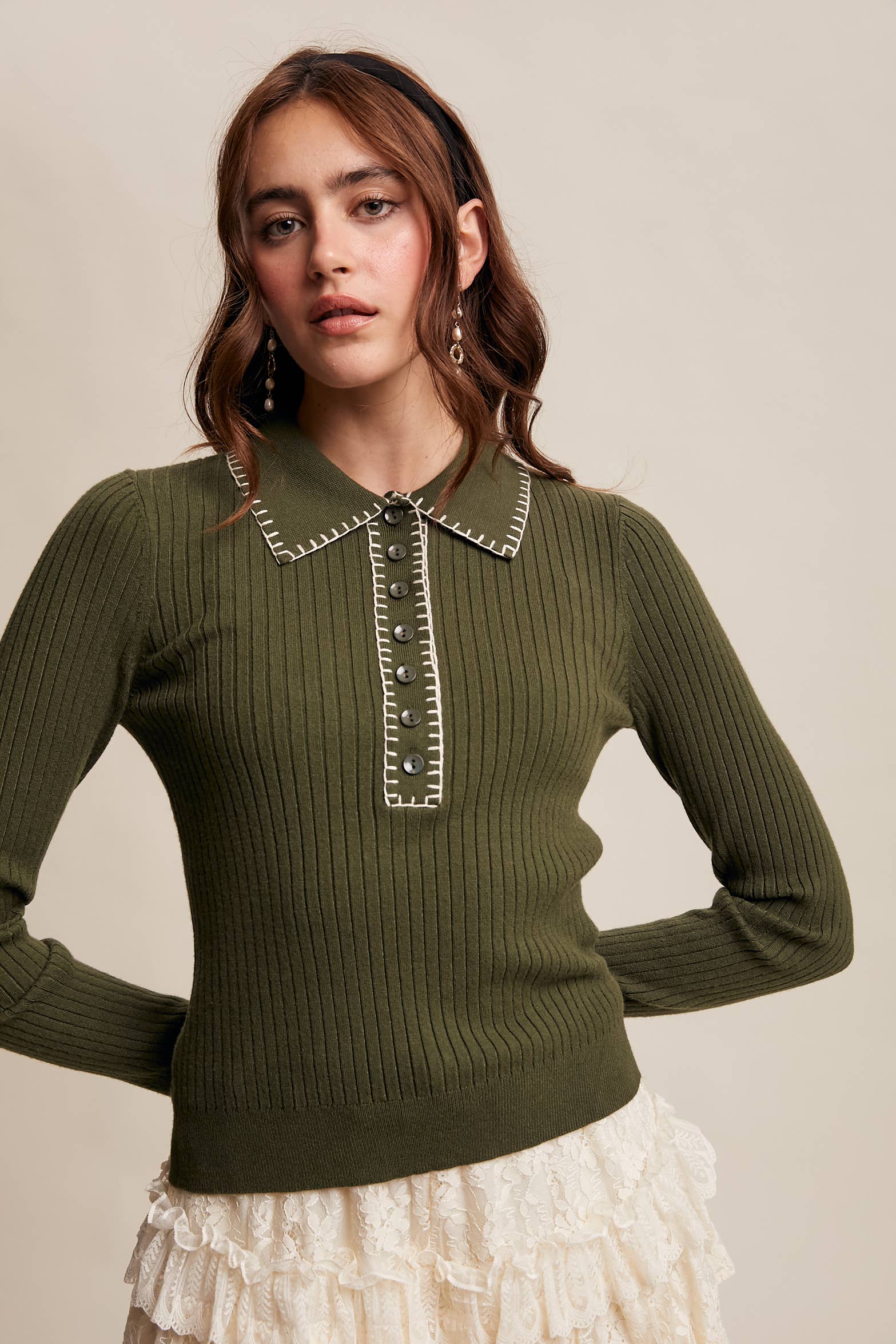 Contrast Stitch Ribbed Knit Top LSW0998: Black / M