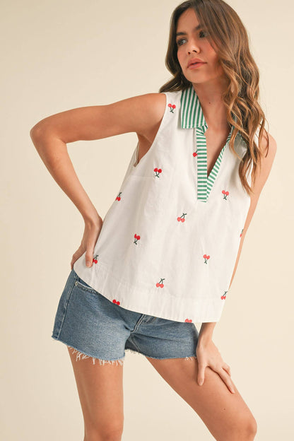 &amp;merci FRUIT EMBROIDERY COLLARED TANK  Cherry / size Small