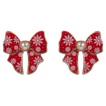 Pearl Accent Holiday Plaid Bow Stud Earrings: Green,Red