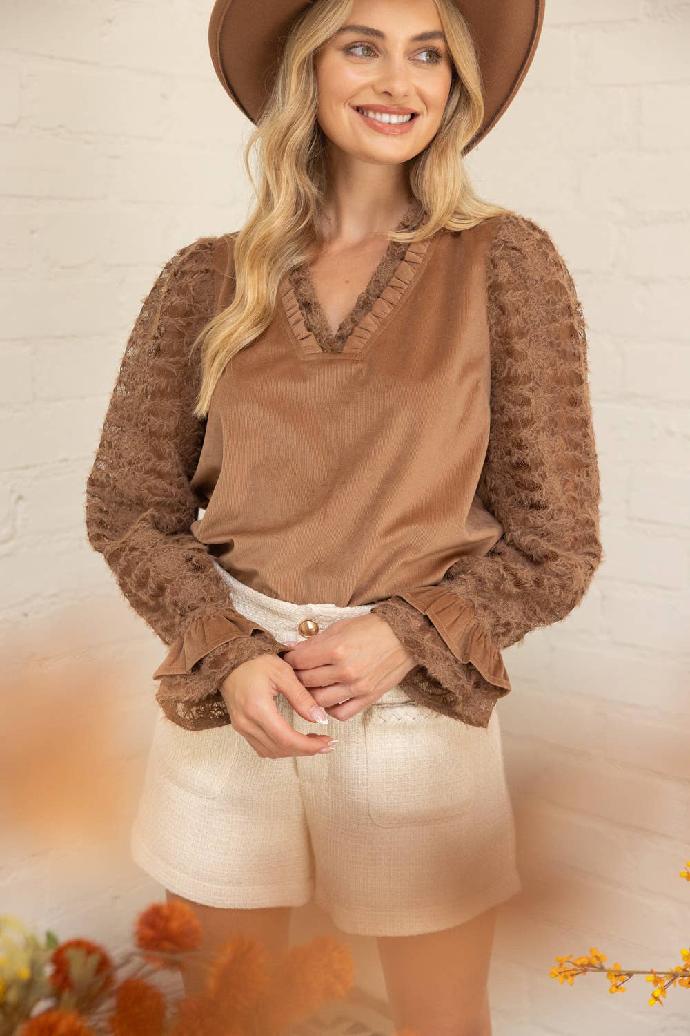 Voy Lace Long Sleeve Ruffle Detailed Corduroy Top: Brown