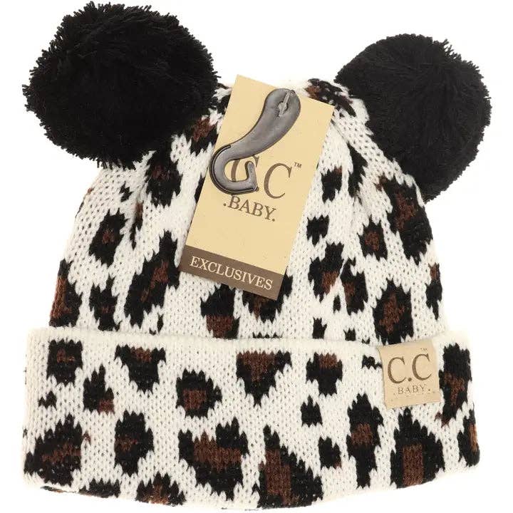 Baby Leopard Double Pom Beanie BABY80POMPOM: White