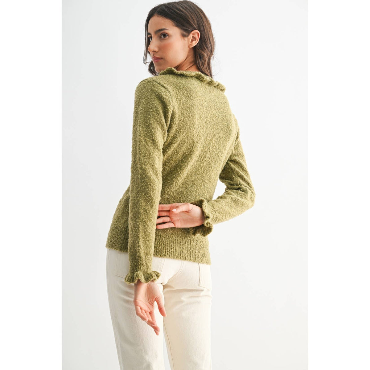 CEW26312 COZY RUFFLED-TRIMMED CARDIGAN: Burgundy / S-M-L(3-2-1)