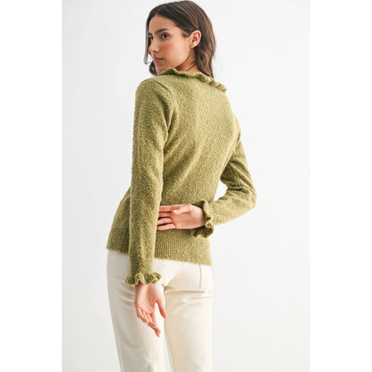 CEW26312 COZY RUFFLED-TRIMMED CARDIGAN: Burgundy / S-M-L(3-2-1)