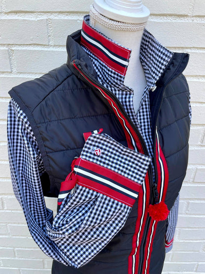Maggie May Puffer Vest - Black w Black, White &amp; Red Stripe: Black w Black White &amp; Red Stripe Ribbon
