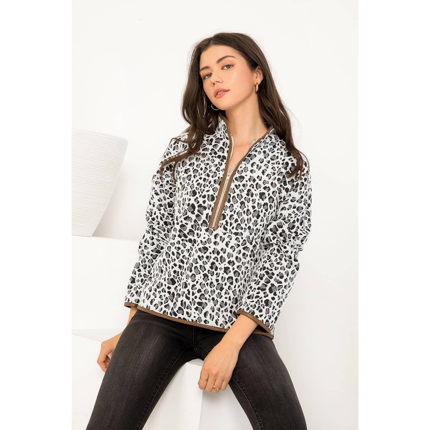 THML Cheetah Half Zip Sweater: WHITE