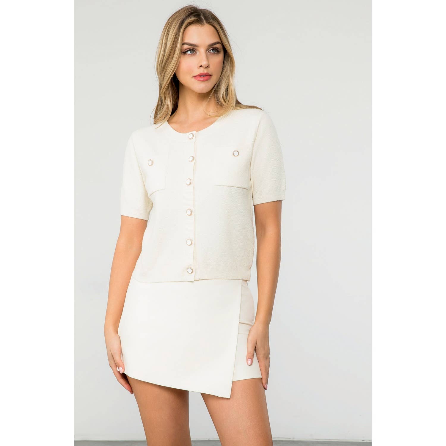 Short Sleeve Button Up Knitted Top: PINK / XS-S-M-L(1-2-2-1)