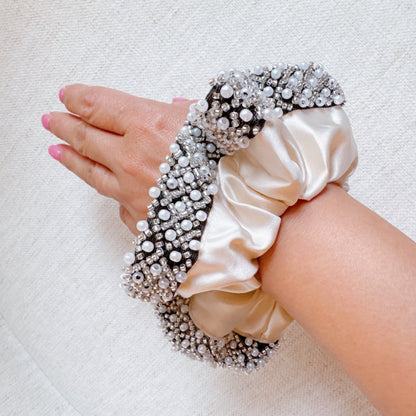 Pearls And Beads Satin Hair Scrunch: Black