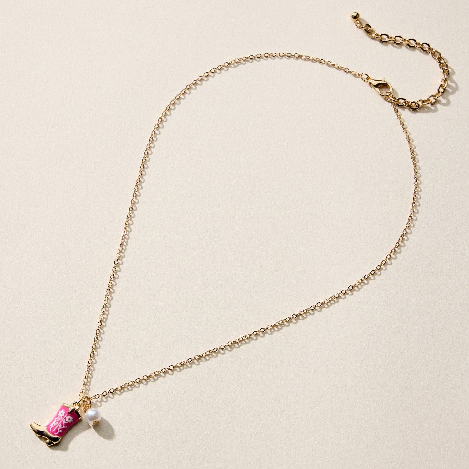 Necklace – Cowboy Boot Pendant with Printed Detail &amp; Pearl Accent: PINK