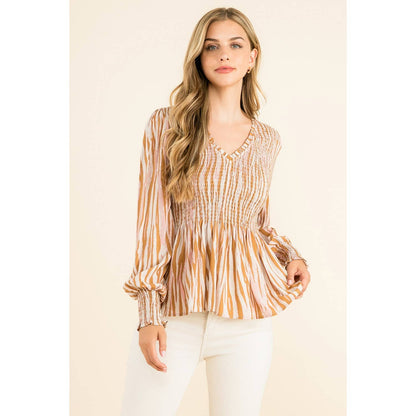 Smocked Zebra Print Top: GRAY / XS
