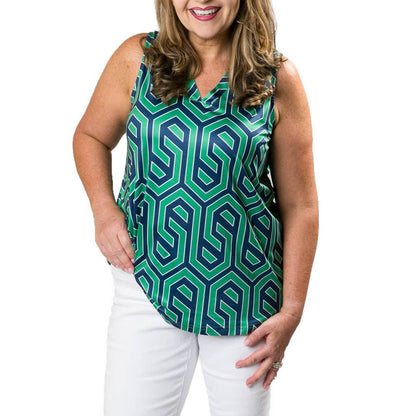 Printed Amy Top- Sale Green and Navy Geometric / Small