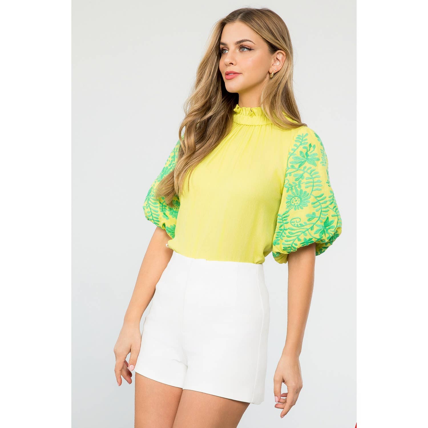 THML Embroidered Sleeve Top: YELLOW
