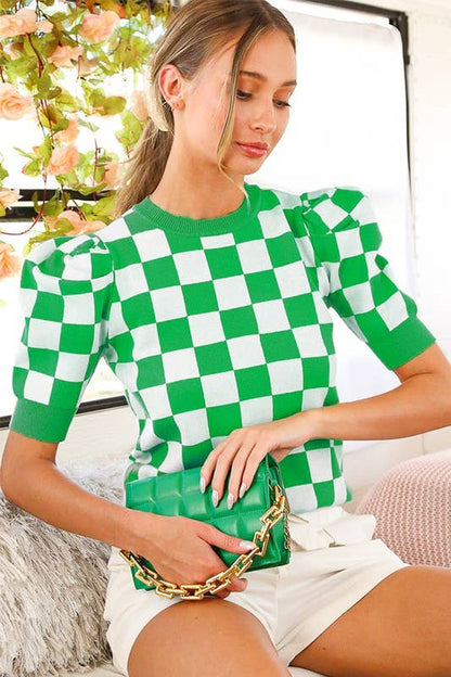 Crew Neck Short Puff Sleeve Checkerboard Sweater Top VT81345: RUST / L