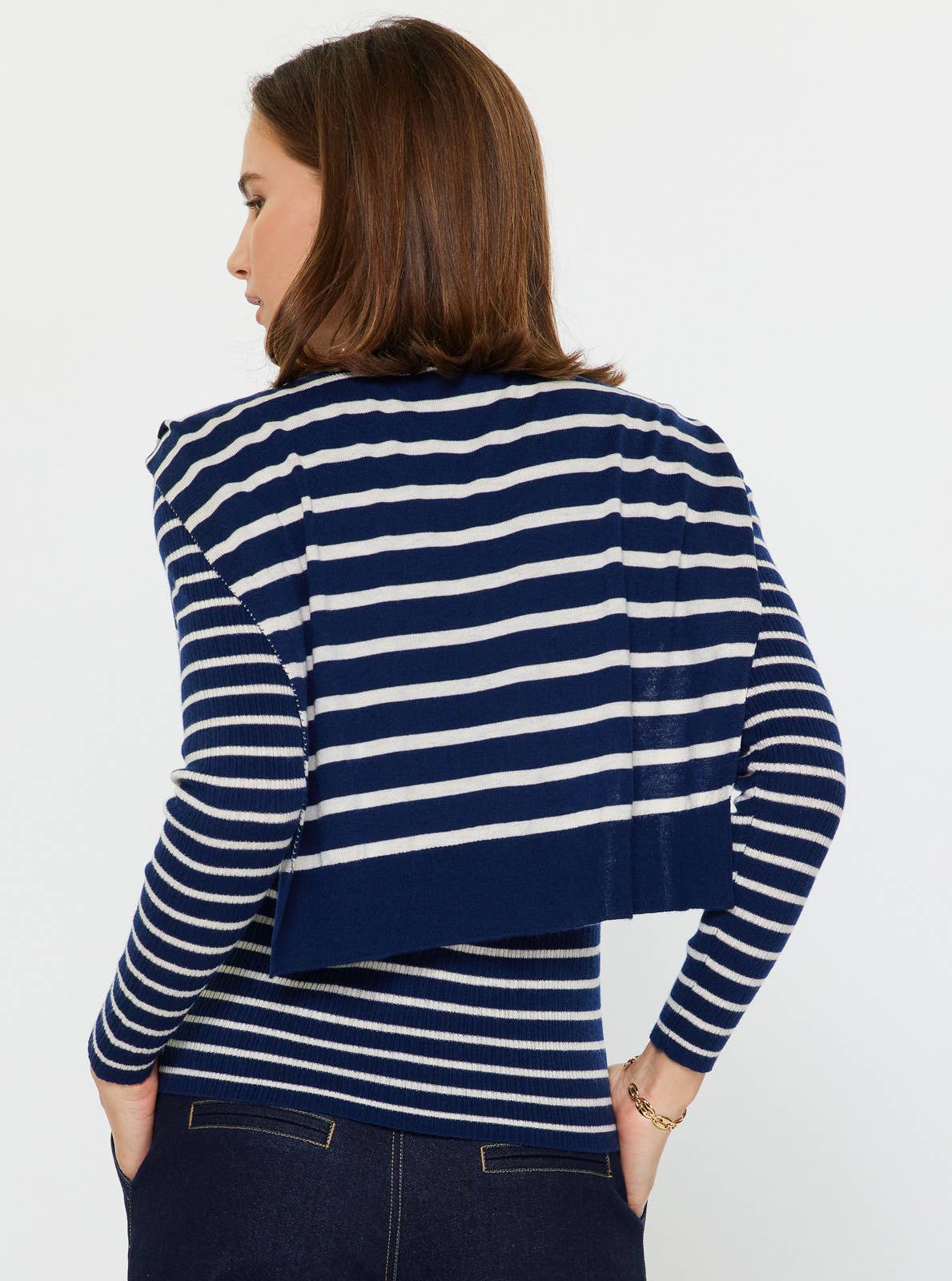 Striped Long Sleeve Sweater W/faux Cardigan by Current Air: Navy Stripe