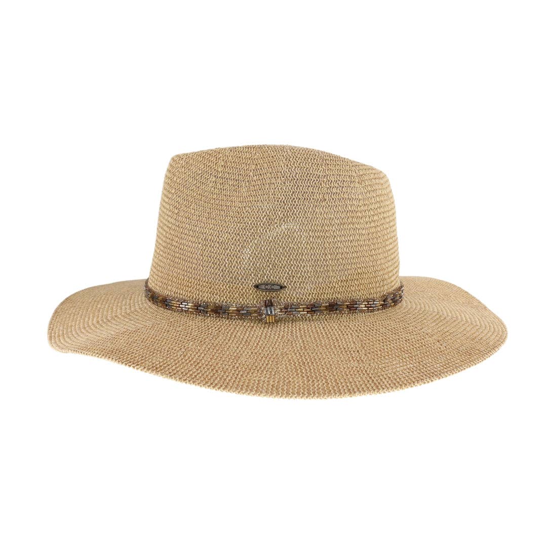 Knit Rhinestone Bugle Bead Trim C.C Panama Hat KP017: Lt. Grey