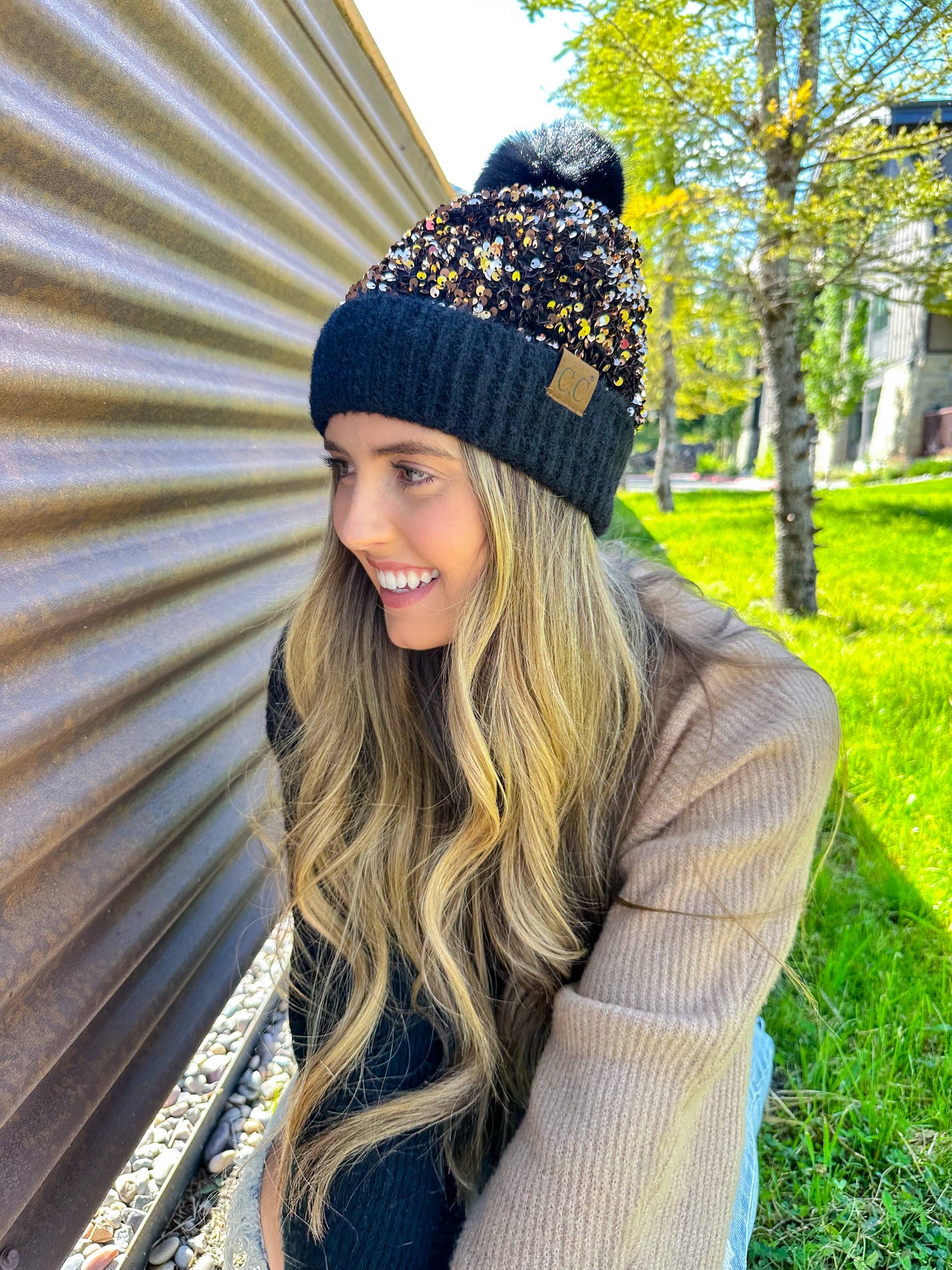 Cluster Sequin Faux Fur Pom C.C Beanie HTE0012: Hot Pink