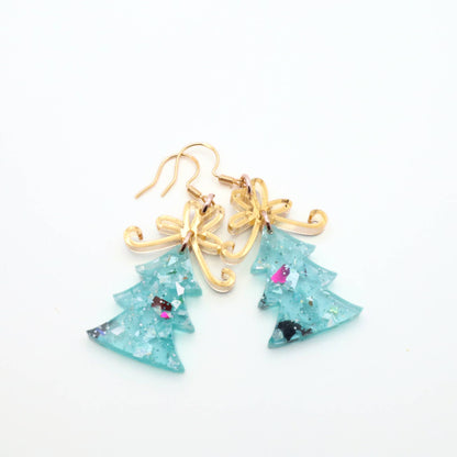 Christmas Tree Dangle Earrings with Glitter and Gold Bow