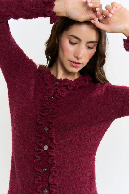 CEW26312 COZY RUFFLED-TRIMMED CARDIGAN: Burgundy / S-M-L(3-2-1)