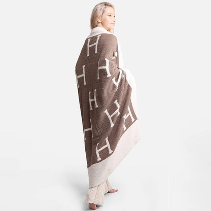 H Initial Monogram Patterned Reversible Throw Blanket: Black faux Hermes