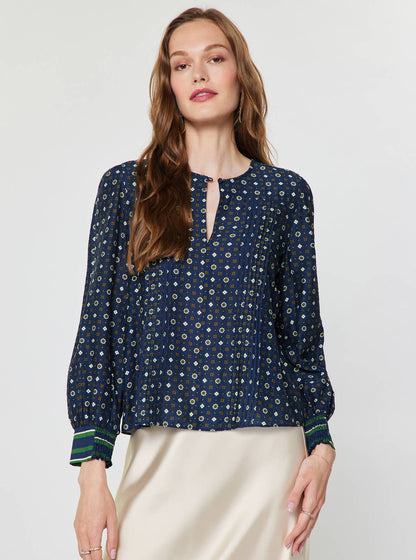 Geo Foulard Print Long Sleeve Blouse: Navy Multi