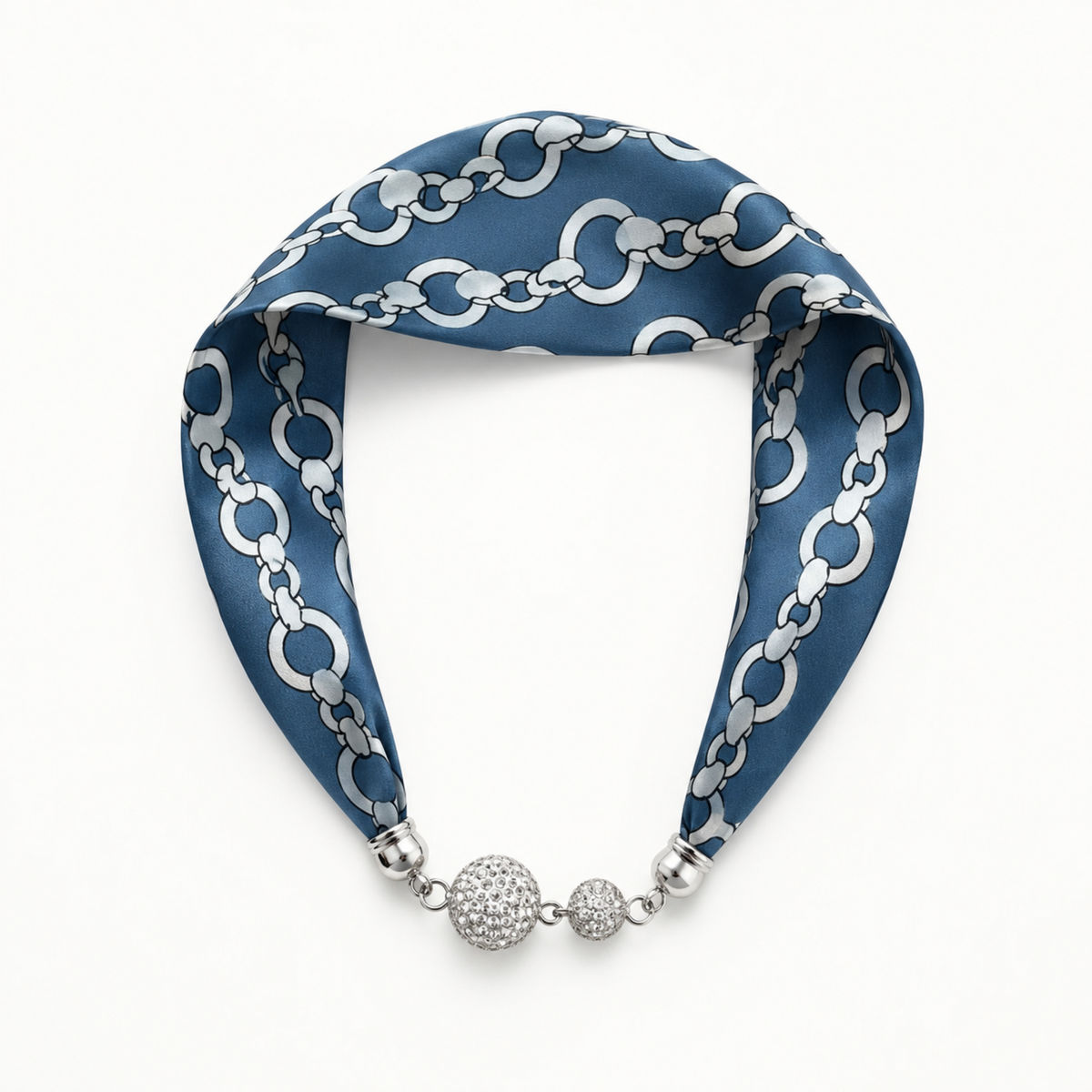 Ellison+Young Satin Twilly Scarf Necklace with Jeweled Magnetic Clasp: Blue Chain Print