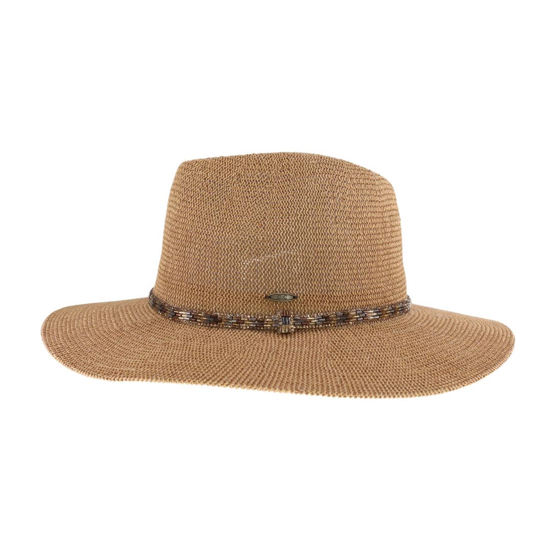 Knit Rhinestone Bugle Bead Trim C.C Panama Hat KP017: Lt. Grey