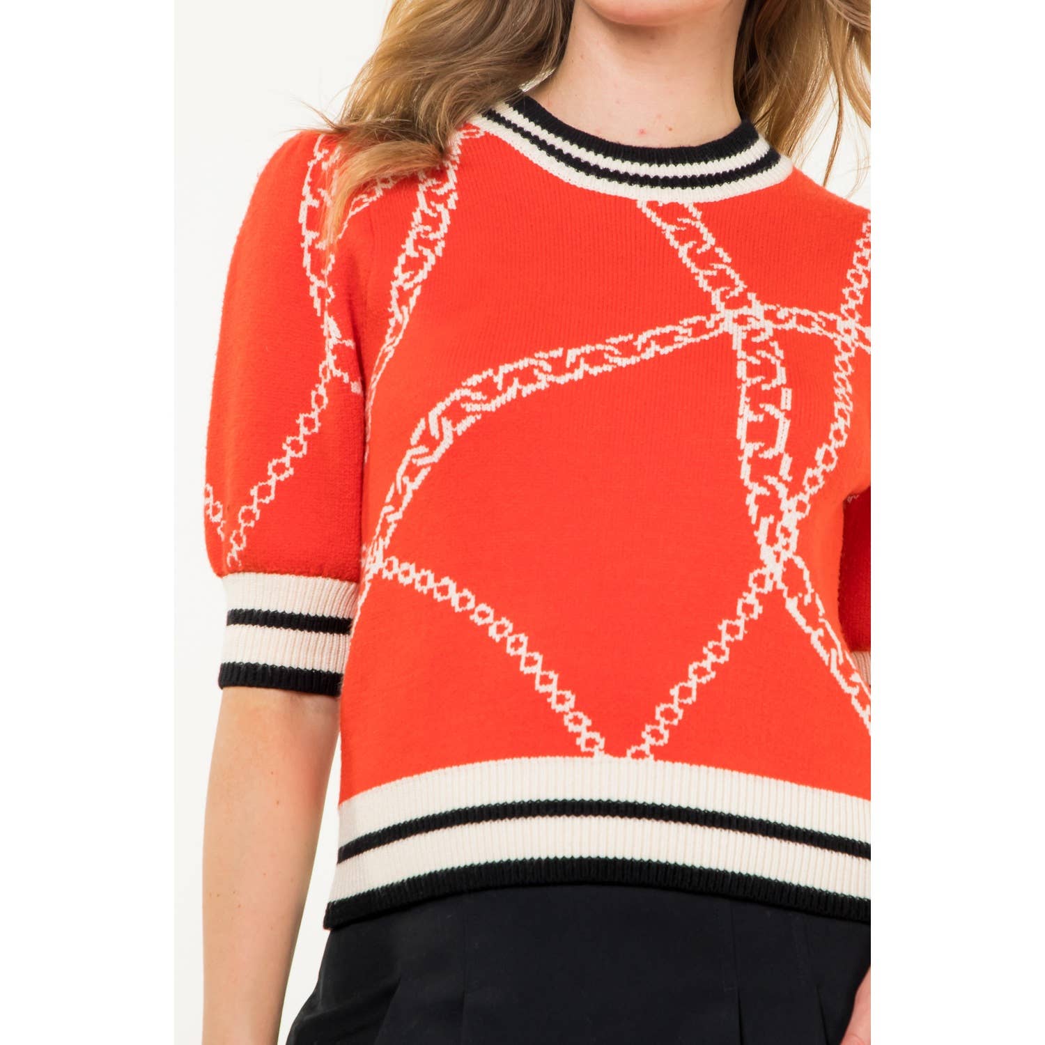 THML Short Sleeve Knit Top: BLACK WITH PINK TRIM / XS